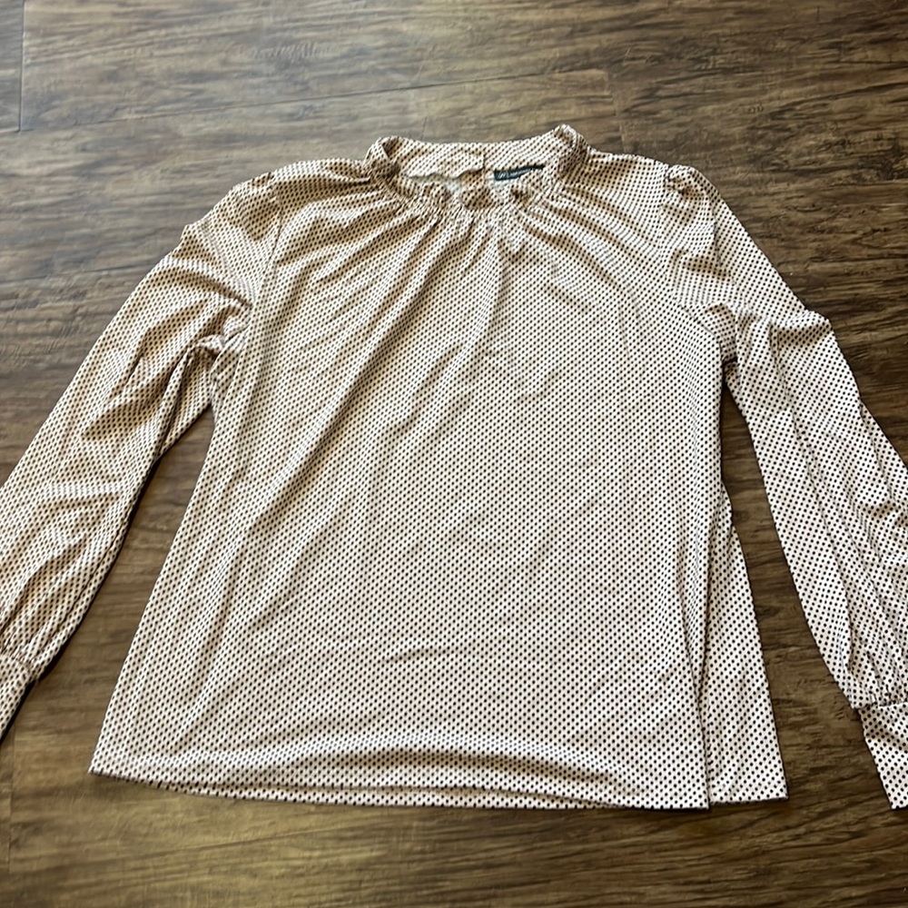 Adrianna Papell pink and black polka dot blouse